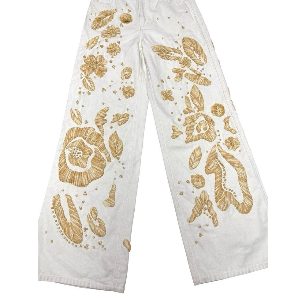 Cult Gaia Jarli White Raffia Appliqué High Rise Wide Leg Jeans XS - Picture 8 of 16